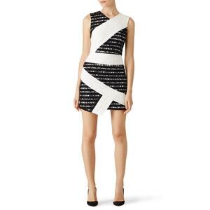 BCBGMAXAZRIA Women's Off White/Black Sleeveless Stripe Lace Sheath Dalia Dress 0